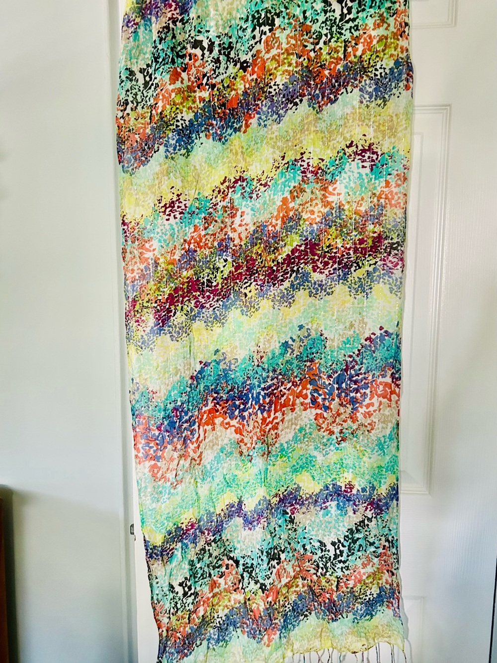 NWT Kohl’s abstract multicolor print scarf w/ metallic stripe accents and fringe